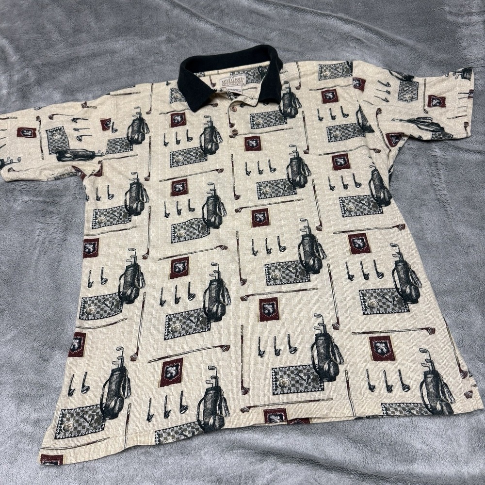 Vintage Natural Issue Golf Print Polo Shirt Men's L Retro AOP Golfer Cotton